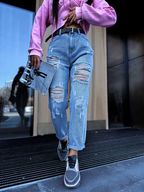 MOM, DENIM kelnės su ašaromis W1036 - Mėlynos